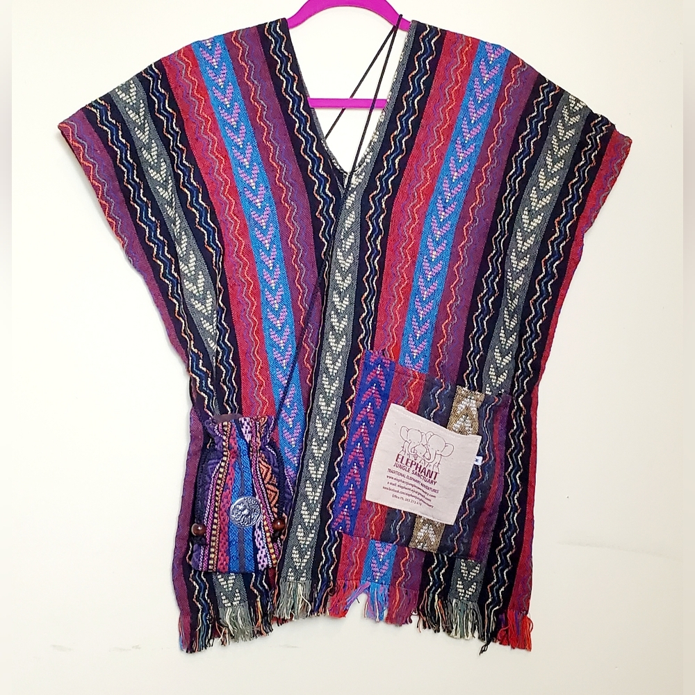 Elephant Jungle Sanctuary Multicolored Poncho Size Medium With Matching Pouch
